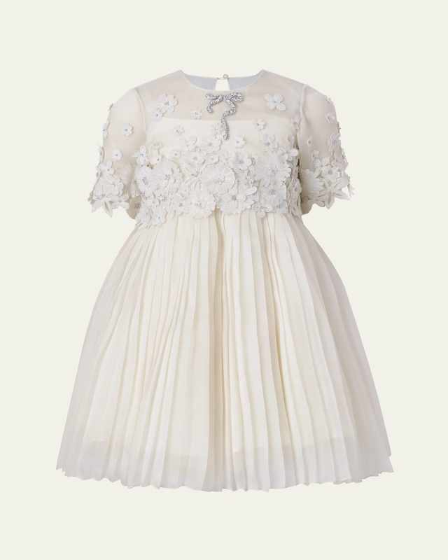 Girl's Leonie Pleated Floral Applique Mini Dress, Size 6-10
